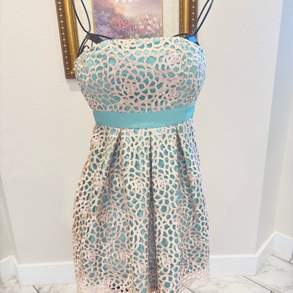 Lola Strapless Dress with Cream Lace and Blue Accent